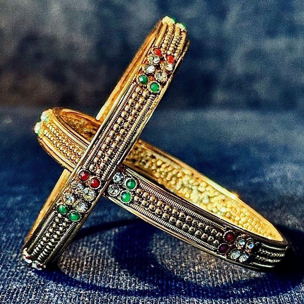 Set of 2 Gold Plated Bangles Red Green Rhinestone Studded Bracelets Jewelry NEW